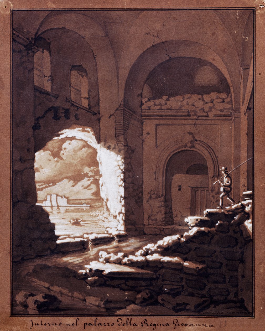Kuningatar Giovannan palatsin sisustus (lyijykynä, mustepesu ja valkoinen tempera) tekijältä Salvatore Cammarano