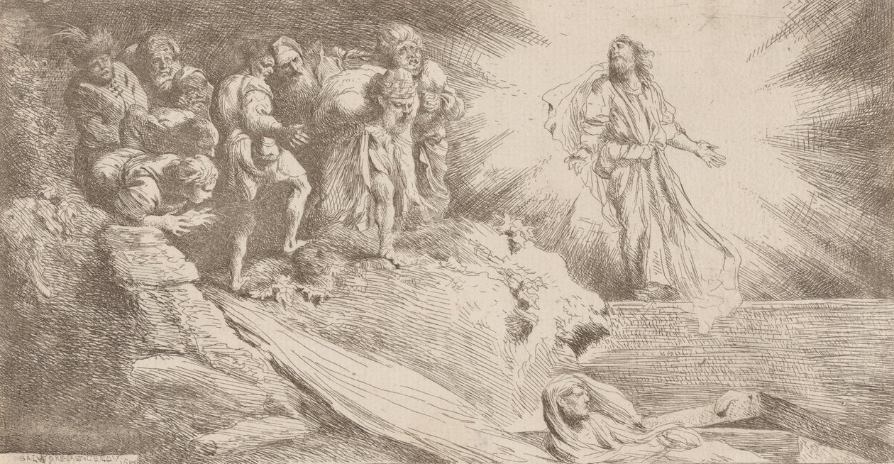 Lasaruksen ylösnousemus, 1645. tekijältä Salvatore Castiglione