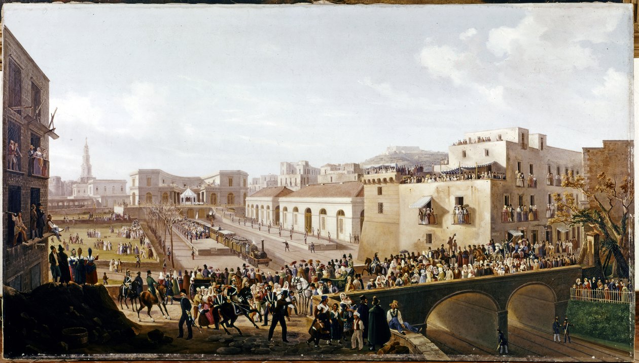 RAUTATIE: Napoli-Portici: Ensimmäisen Vesuvin rautatien avaaminen. 3. lokakuuta 1839 (öljy kankaalle). tekijältä Salvatore Fergola