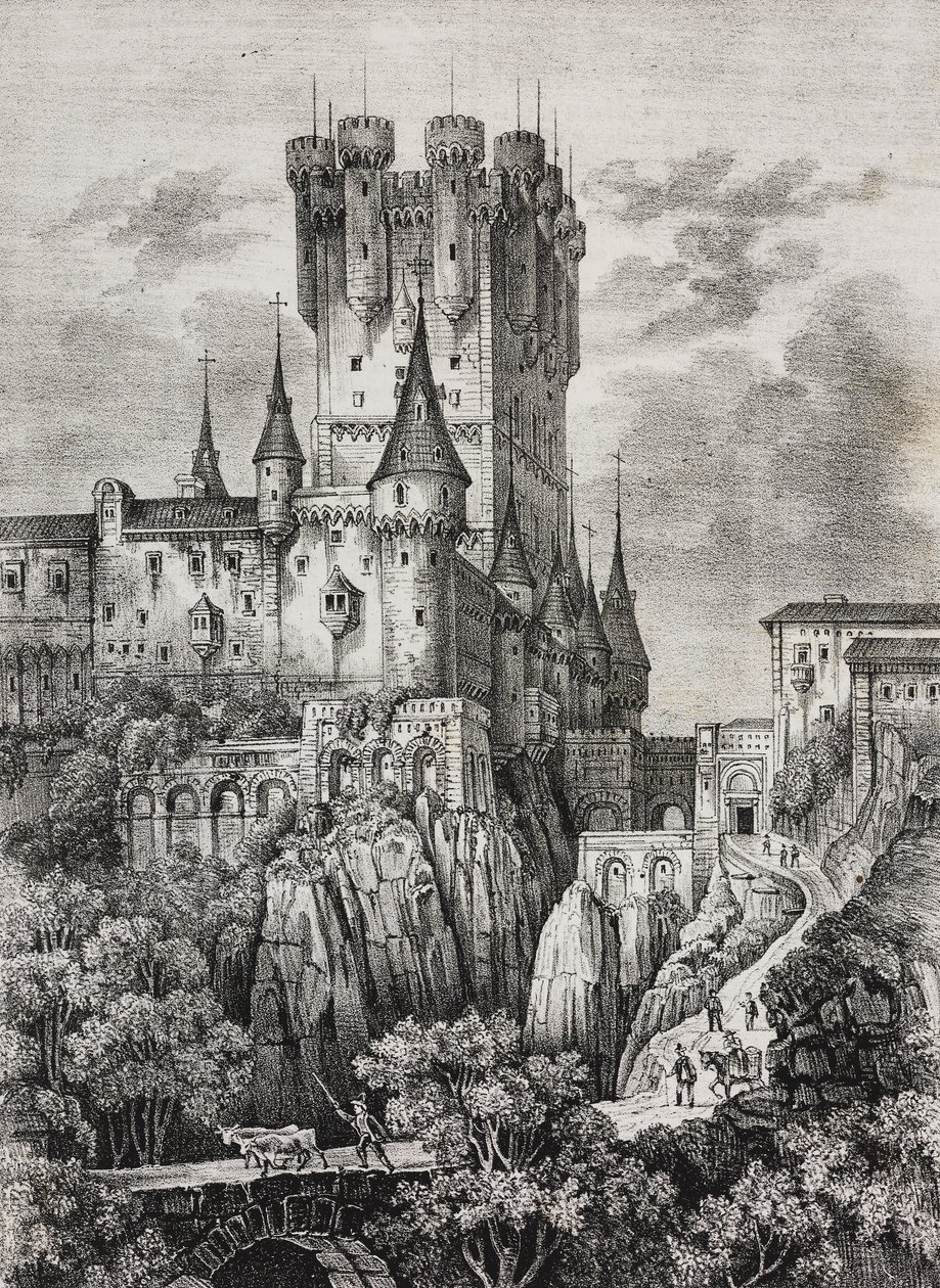 Alcazar of Segovia, Espanja, Salvatore Puglian litografia Poliorama Pittorescosta, n:o 36, 12. huhtikuuta tekijältä Salvatore Puglia