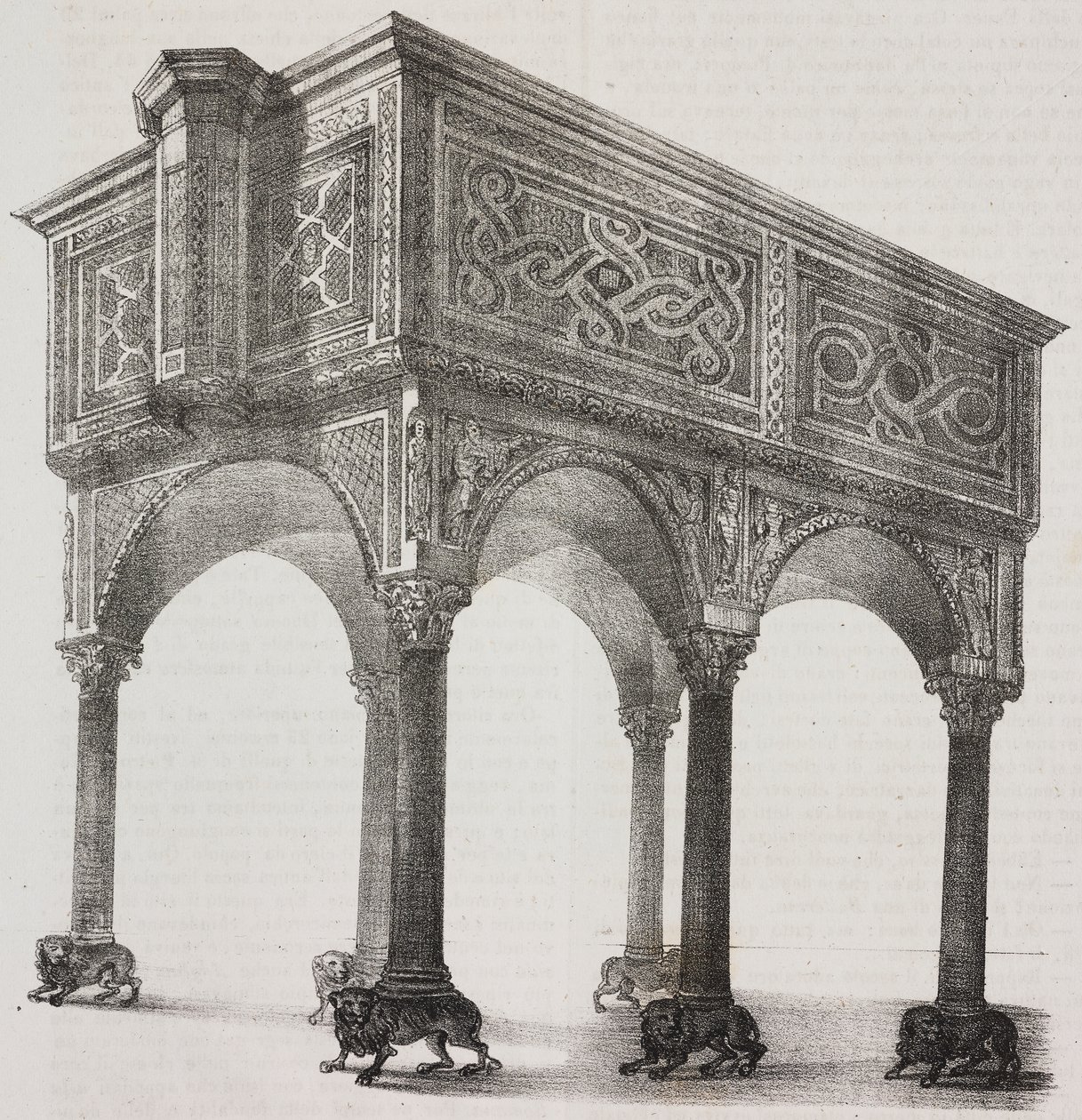 Muinainen ambo Sessa Auruncan katedraalissa, Campaniassa, Italiassa, Salvatore Puglian litografia Pasquale Mattein (1813-1879) piirustuksen jälkeen Poliorama Pittorescosta, n:o 43, 31. toukokuuta tekijältä Salvatore Puglia