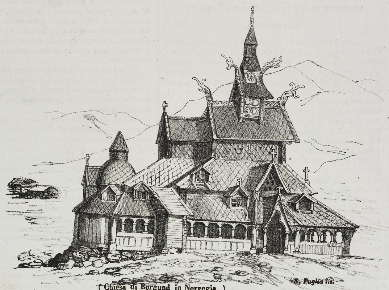 Borgund Stave Church, Norja, Salvatore Puglian litografia Poliorama Pittorescosta, n:o 40, 14. toukokuuta tekijältä Salvatore Puglia