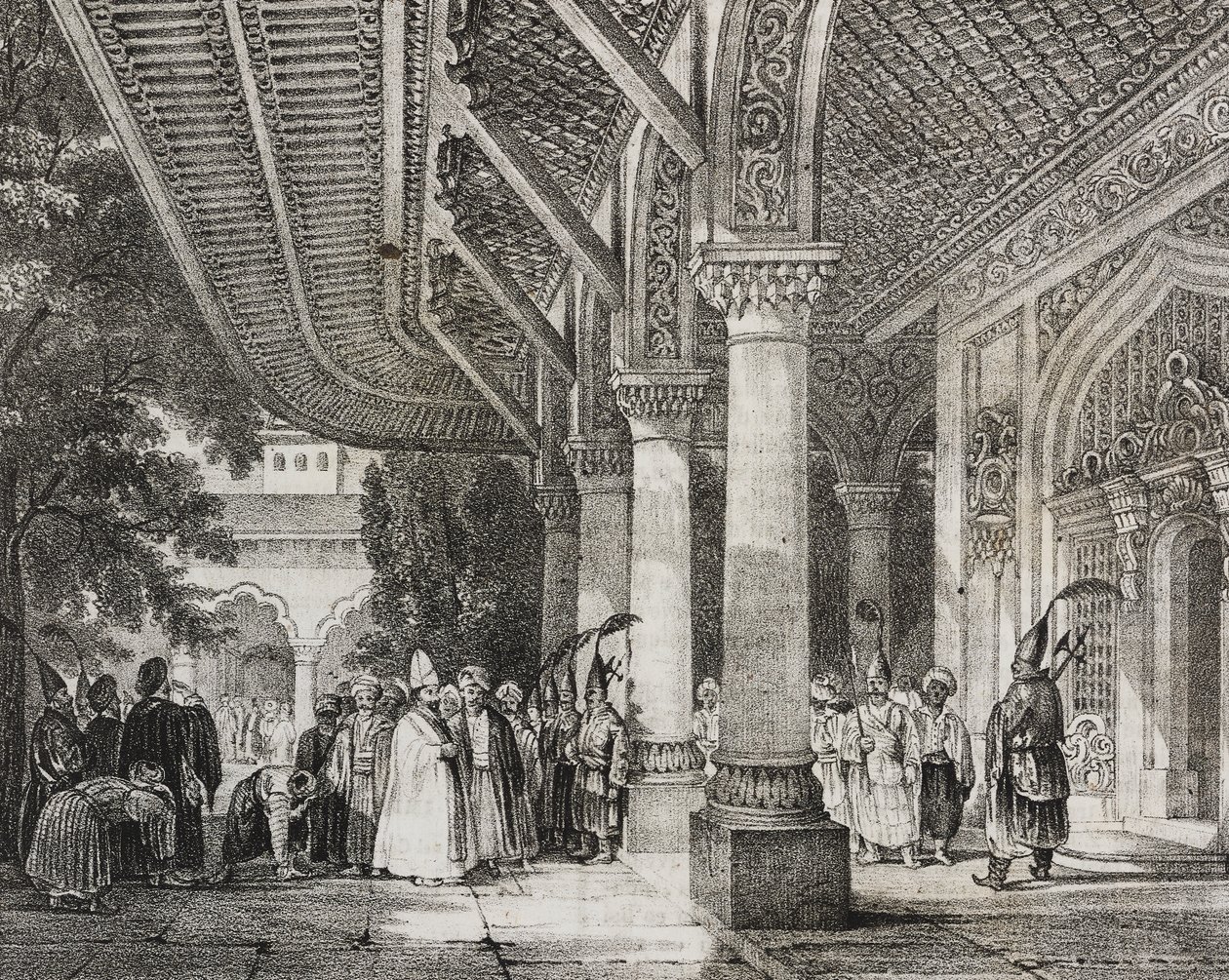 Hall de entrada de Serraglio, Turquia, do harém de histórias no leste, litografia de Poliorama Pittoresco, n 12, 28 de outubro finlandês tekijältä Salvatore Puglia
