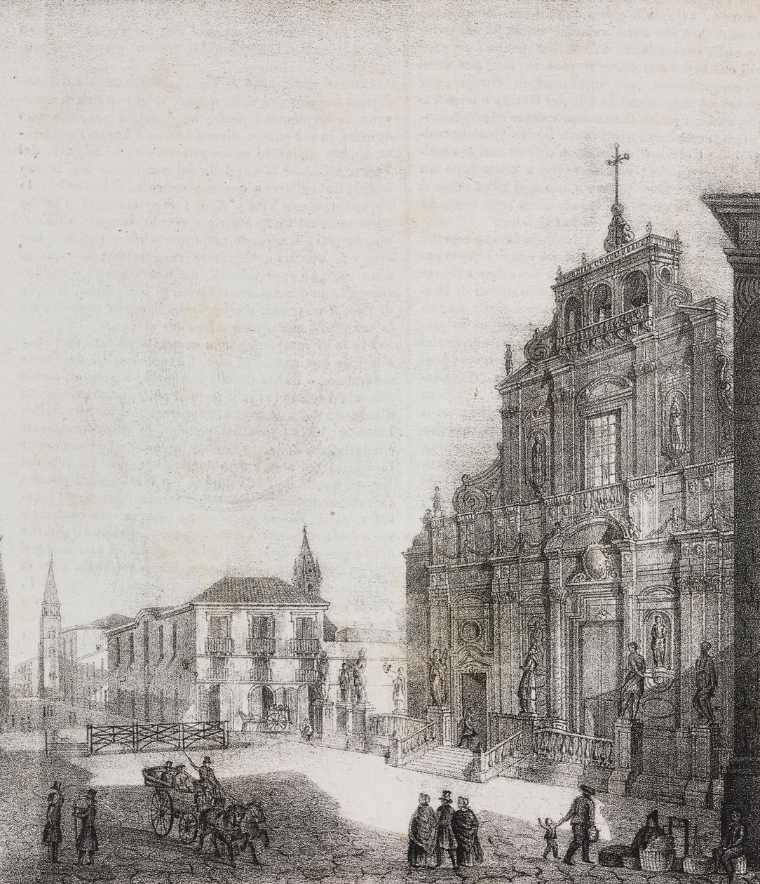 San Sebastianon basilikan julkisivu Acirealessa, Sisiliassa, Italiassa, Salvatore Puglian litografia Poliorama Pittorescosta, n:o 39, 3. toukokuuta tekijältä Salvatore Puglia