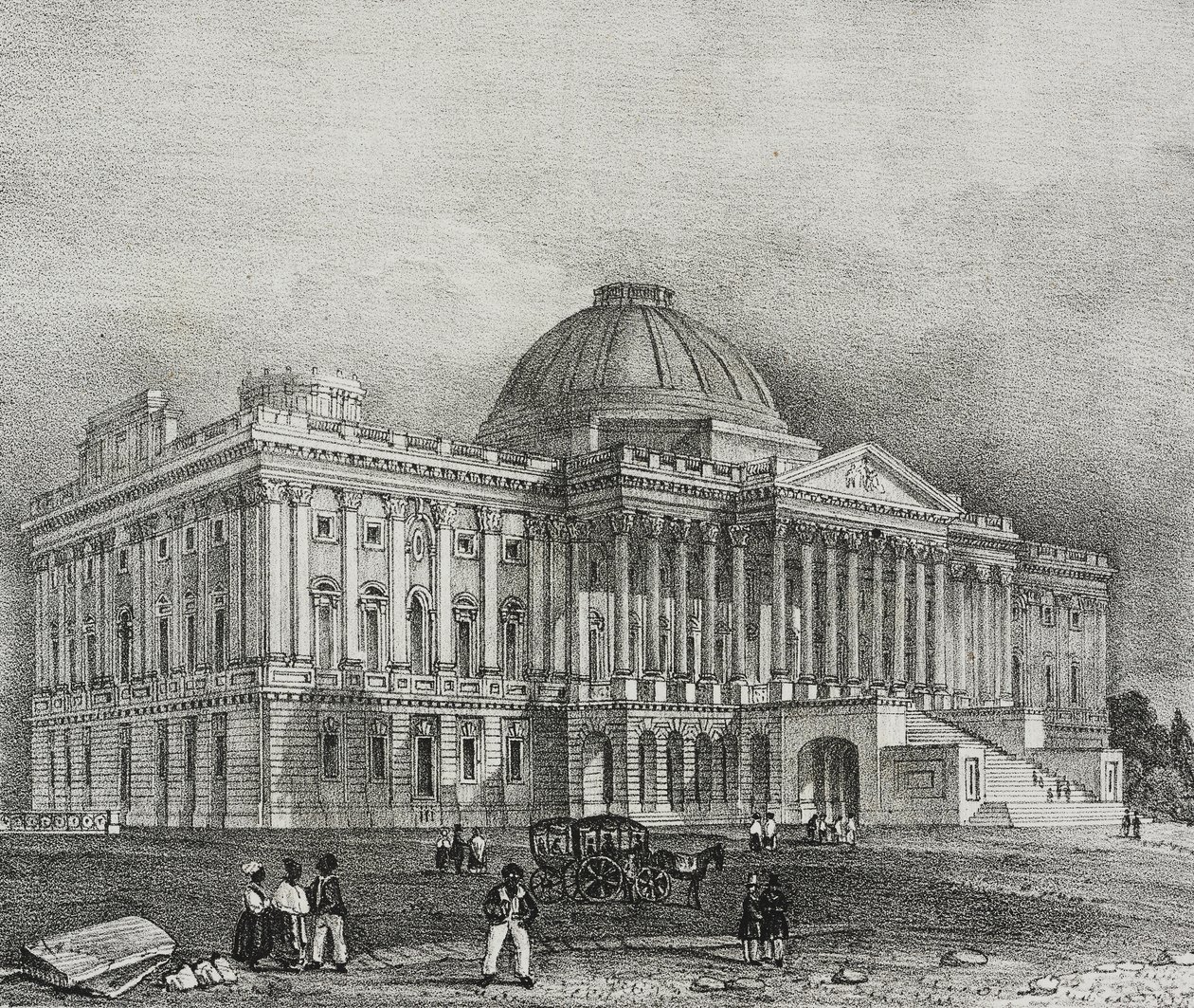 Capitol-rakennuksen julkisivu Washingtonissa, USA, Salvatore Puglian litografia Poliorama Pittorescosta, n:o 42, 28. toukokuuta tekijältä Salvatore Puglia