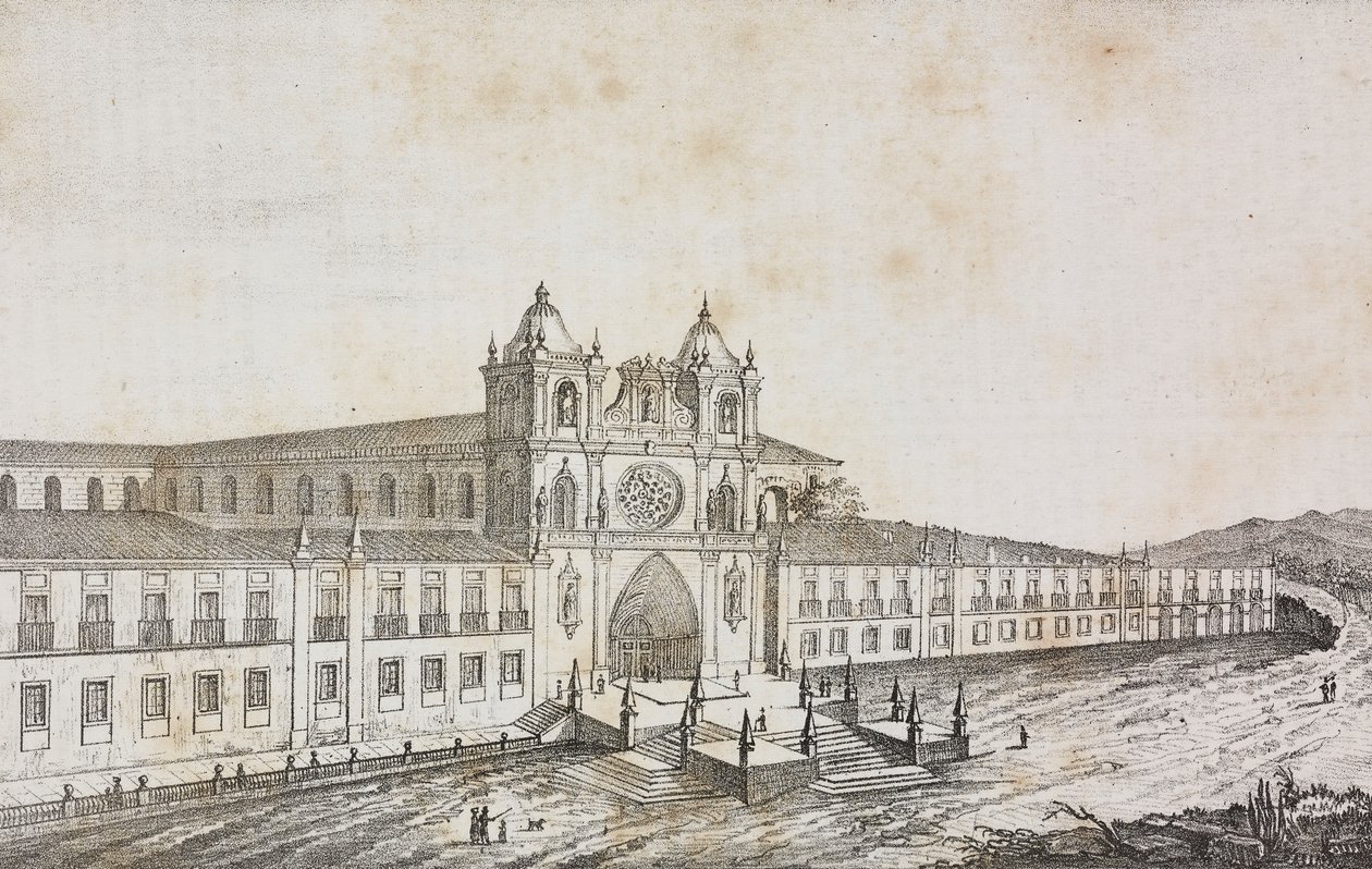 Alcobacan luostarin julkisivu, Portugali, Salvatore Puglian litografia Poliorama Pittorescosta, n:o 50, 19. heinäkuuta tekijältä Salvatore Puglia