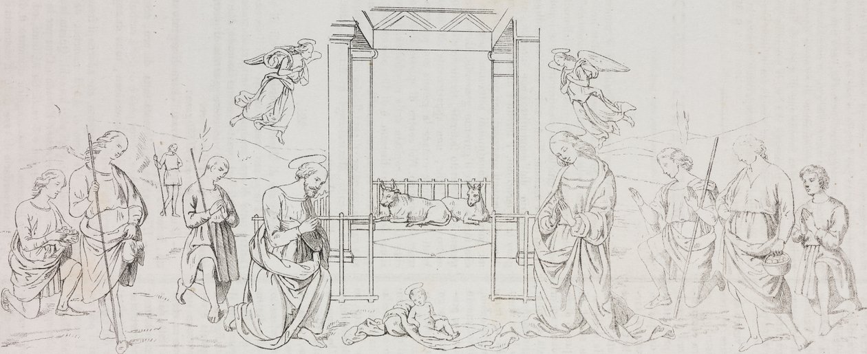 Fontignano Syntymä, Paimenten palvonta, Salvatore Puglian litografia Pietro Peruginon (noin 1450-1523) maalauksen jälkeen Poliorama Pittorescosta, n:o 42, 24. toukokuuta tekijältä Salvatore Puglia