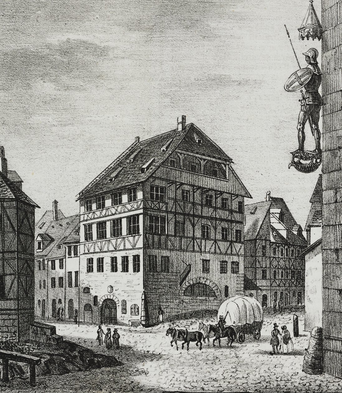 Albrecht Durerin (1471-1528) talo Nürnbergissä, Saksassa, Salvatore Puglian litografia Poliorama Pittorescosta, n:o 31, 12. maaliskuuta tekijältä Salvatore Puglia