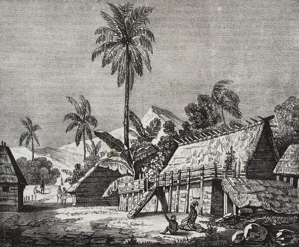 Noukahivan saaren kuningattaren talo (nykyään Nuku Hiva), Marquesassaaret, Ranskan Polynesia, Salvatore Puglian litografia Poliorama Pittorescosta, n:o 37, huhtikuu tekijältä Salvatore Puglia