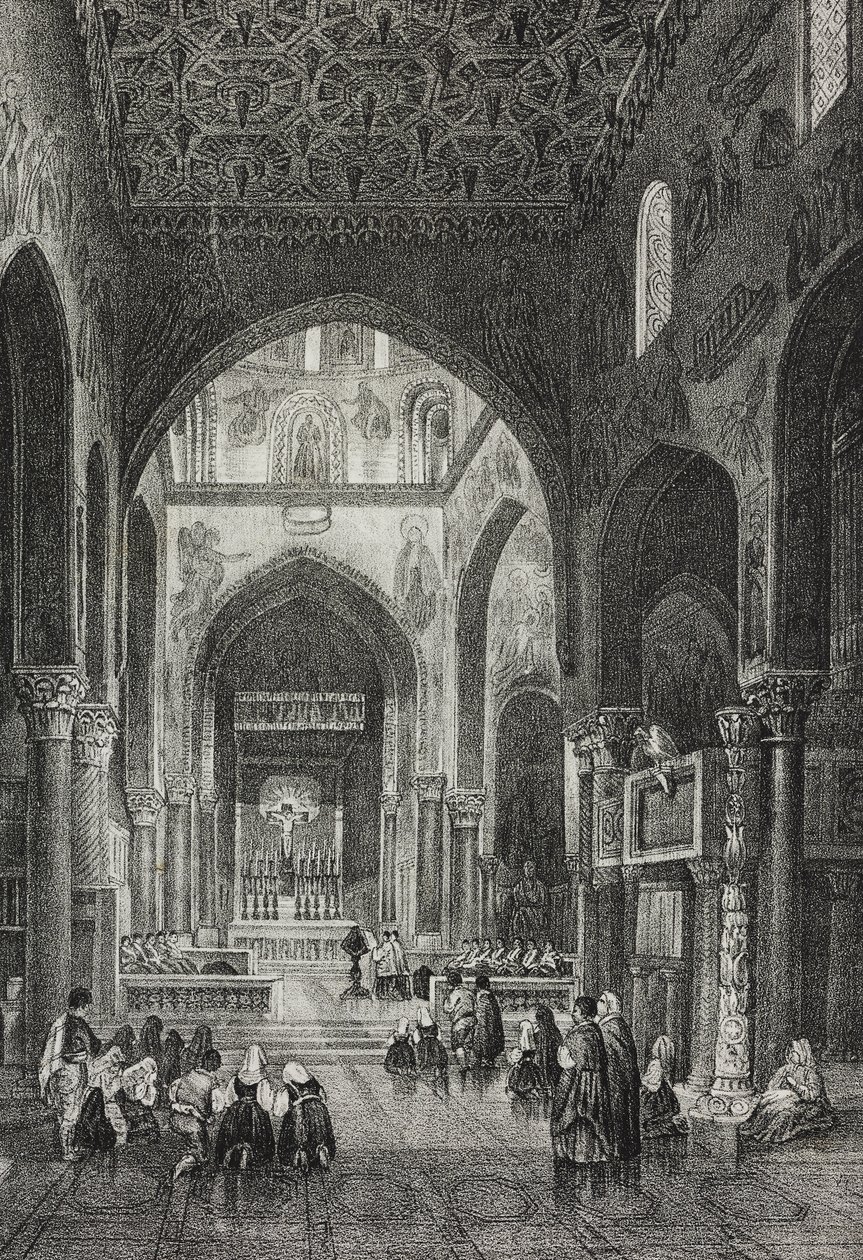 Palatine-kappelin sisustus Palazzo dei Normannissa tai kuninkaallinen palatsi Palermossa, Sisiliassa, Italiassa, Salvatore Puglian litografia Poliorama Pittorescosta, n:o 41, 21. toukokuuta tekijältä Salvatore Puglia