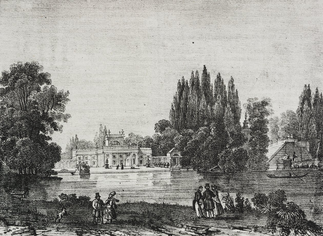 Lazienki Palace, Varsova, Puola, Salvatore Puglian litografia Poliorama Pittorescosta, n:o 48, 9. heinäkuuta tekijältä Salvatore Puglia
