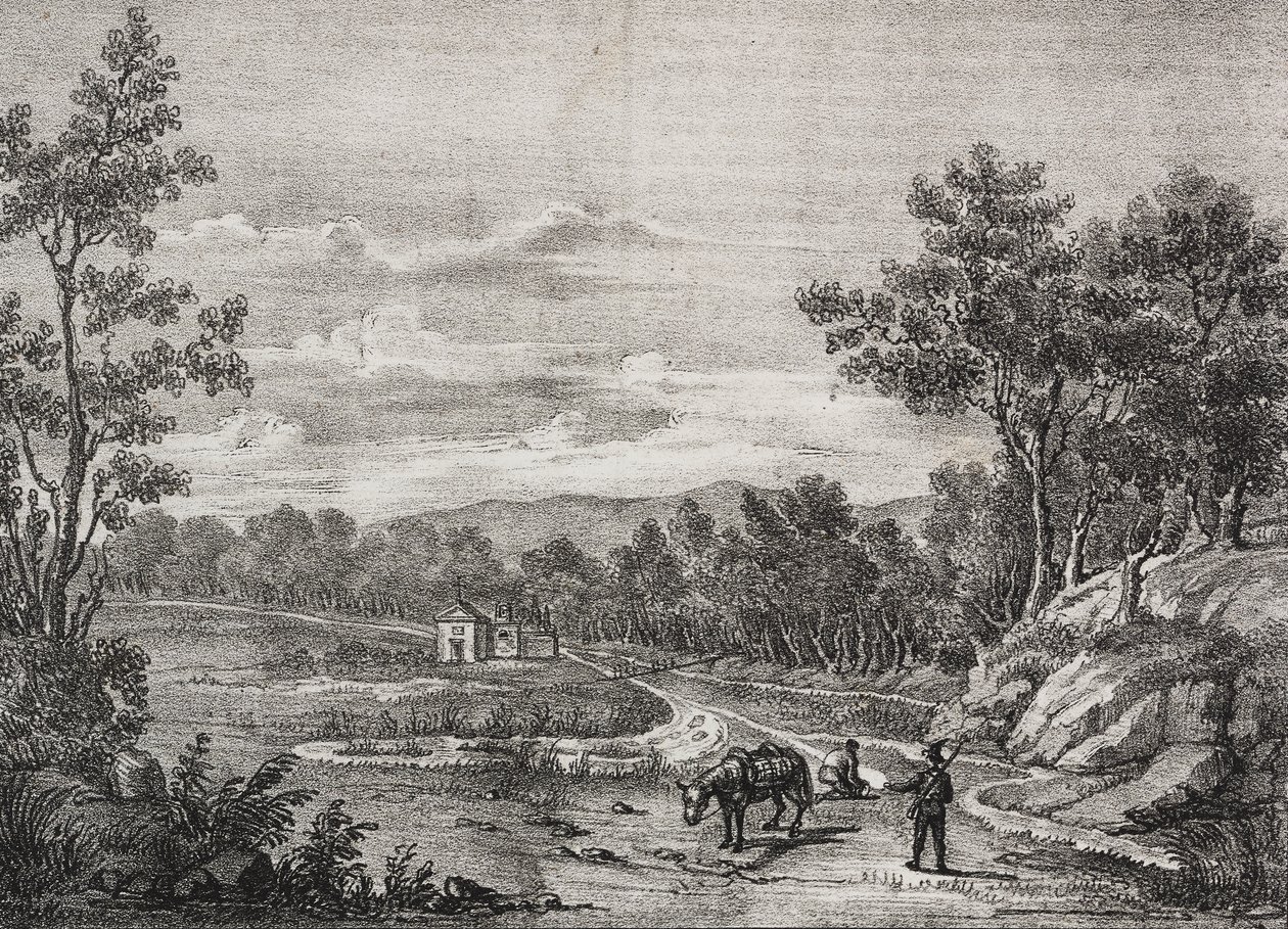 Mineraalivesilähteet Acerran metsässä, Campania, Italia, Salvatore Puglian litografia Poliorama Pittorescosta, n:o 5, 7. syyskuuta tekijältä Salvatore Puglia