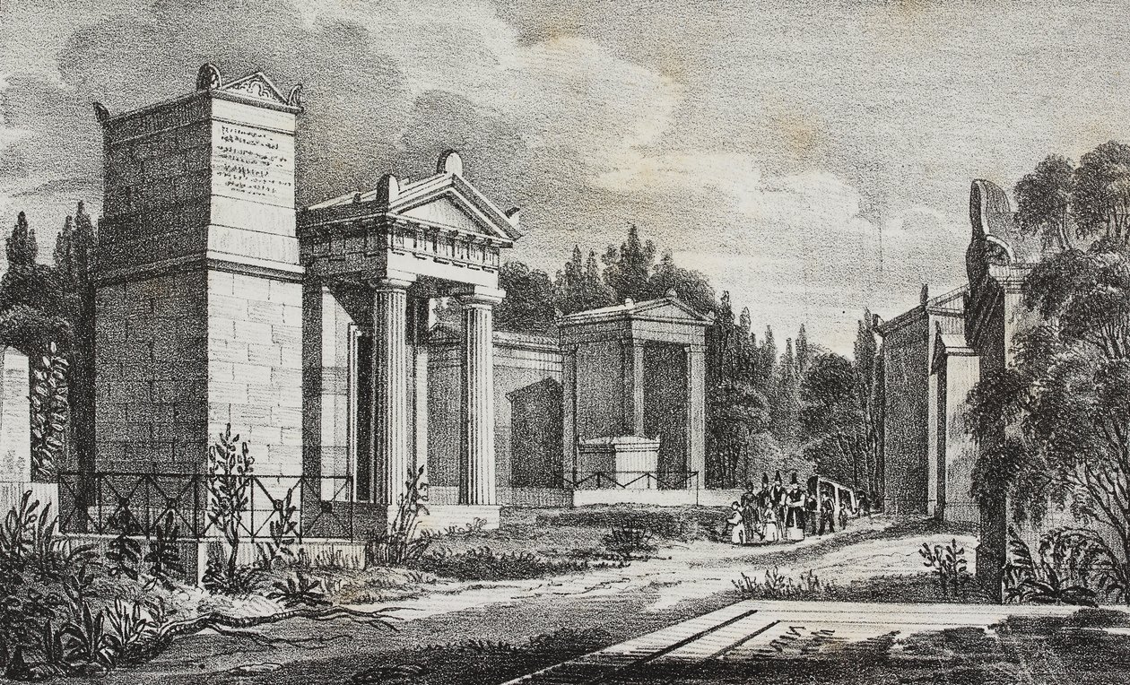 Pere-Lachaisen hautausmaa, Pariisi, Ranska, Salvatore Puglian litografia Poliorama Pittorescosta, n:o 19, 17. joulukuuta tekijältä Salvatore Puglia