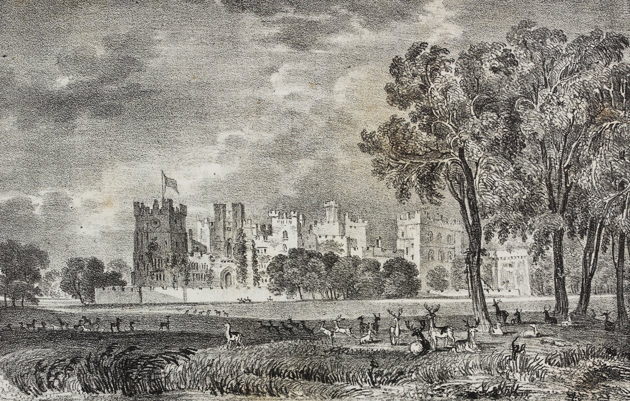 Raby Castle, Durham, Englanti, Iso-Britannia, Salvatore Puglian litografia Poliorama Pittorescosta, n:o 42, 27. toukokuuta tekijältä Salvatore Puglia