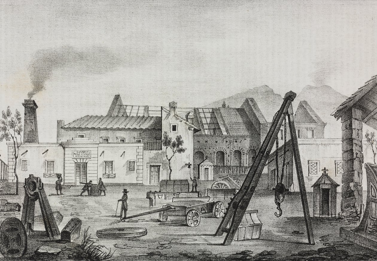 Royal Mechanical Factory (Royal Mechanical Factory) Pietrarsassa, Campaniassa, Italiassa, litografia Gaetano Riccio Poliorama Pittorescosta, n:o 39, 7. toukokuuta tekijältä Salvatore Puglia