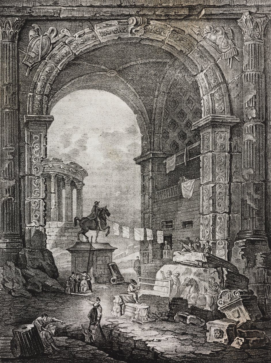 Roomalaiset rauniot, Hubert Robertin (1733-1808) maalaus, Salvatore Puglian litografia Poliorama Pittorescosta, n:o 28, 17. helmikuuta tekijältä Salvatore Puglia