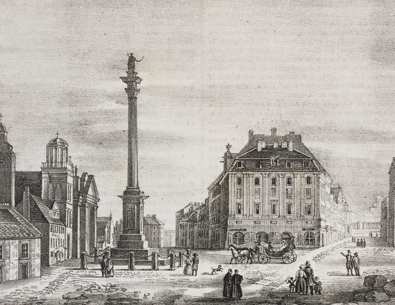 Sigismondin pylväs, kuningas Sigismund III Vaasan (1566-1632) muistoksi, Varsova, Puola, Salvatore Puglian litografia Poliorama Pittorescosta, n:o 46, 21. kesäkuuta tekijältä Salvatore Puglia