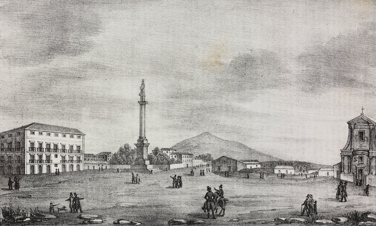 Patsaiden aukio Cataniassa, Sisiliassa, Italiassa, Salvatore Puglian litografia Poliorama Pittorescosta, n:o 15, 19. marraskuuta tekijältä Salvatore Puglia