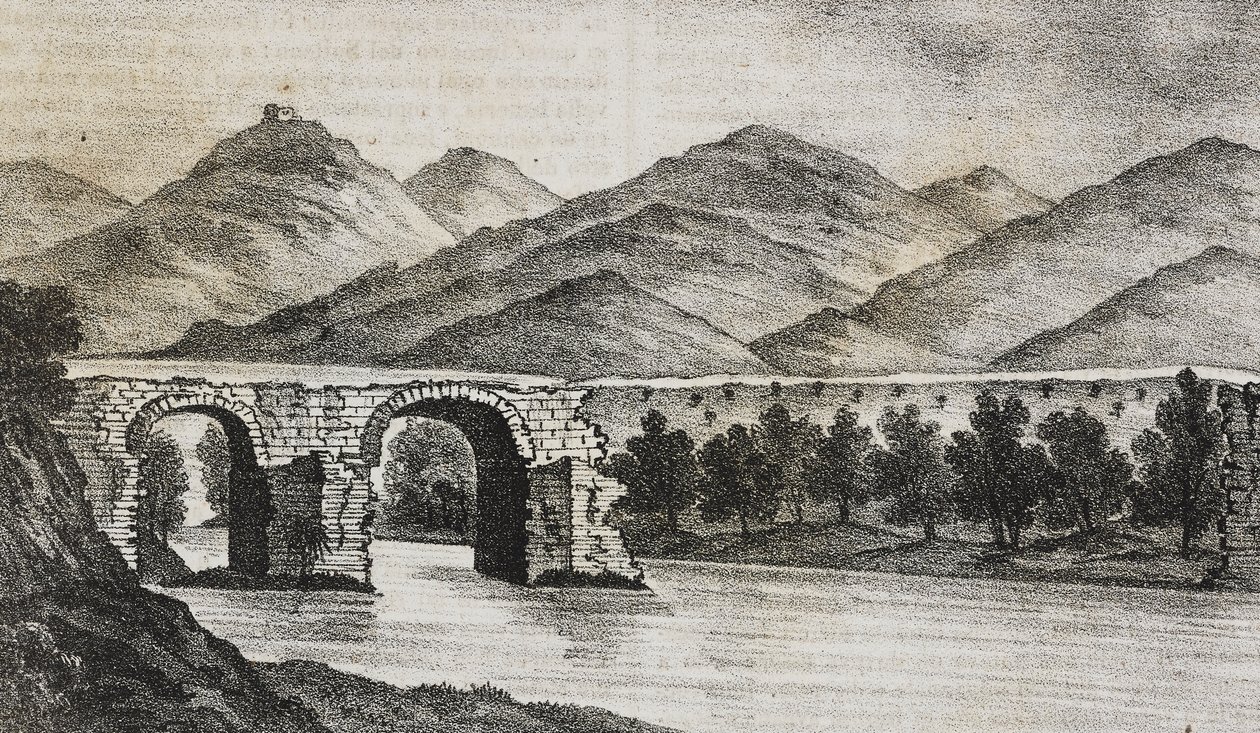 Rikkoutunut silta lähellä Capuaa, Campania, Italia, Salvatore Puglian litografia Poliorama Pittorescosta, n:o 23, 13. tammikuuta tekijältä Salvatore Puglia