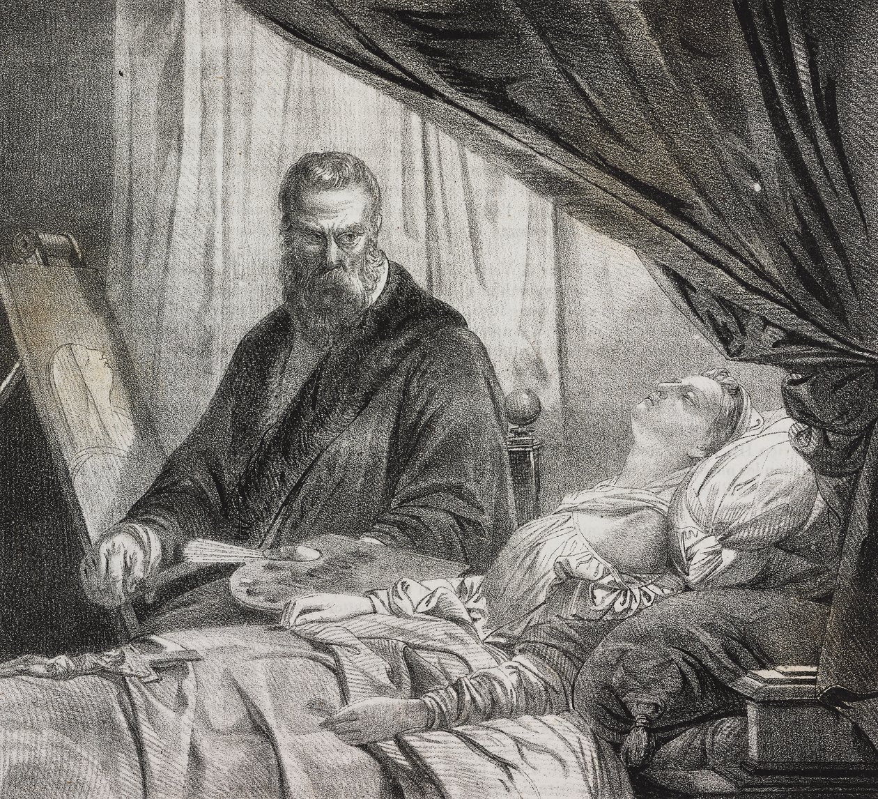 Tintoretto maalaa kuolleen tyttärensä, Salvatore Puglian litografia Poliorama Pittorescosta, n:o 27, 10. helmikuuta tekijältä Salvatore Puglia
