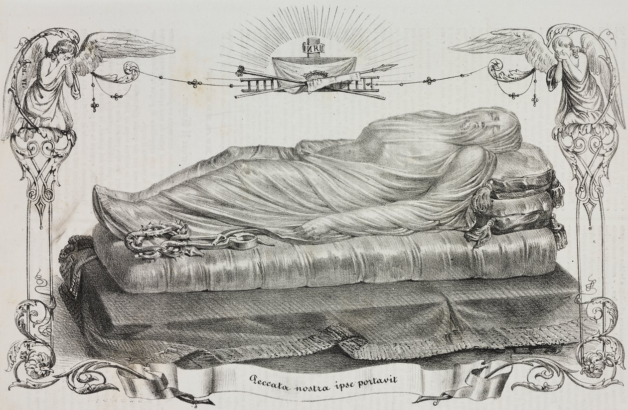 Cristo velado por Giuseppe Sanmartino (cerca de 1720-1793), Cappella Sansevero, Nápoles, Campania, Itália, litografia de Salvatore Puglia de Poliorama Pittoresco, n 33, 26 de março finlandês tekijältä Salvatore Puglia