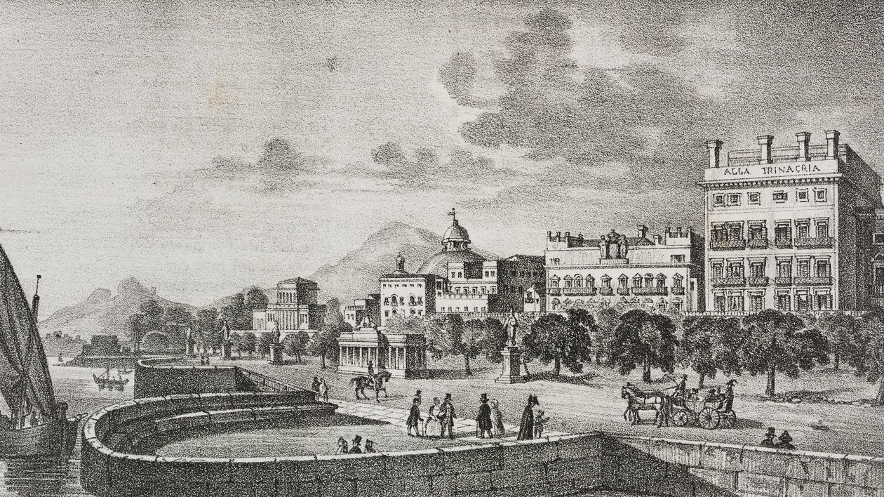 Vista do fórum Bourbon e hotel Trinacria, Palermo, Sicília, Itália, litografia de Salvatore Puglia após gravura de Di Giovanni de Poliorama Pittoresco, n 37, 19 de abril finlandês tekijältä Salvatore Puglia