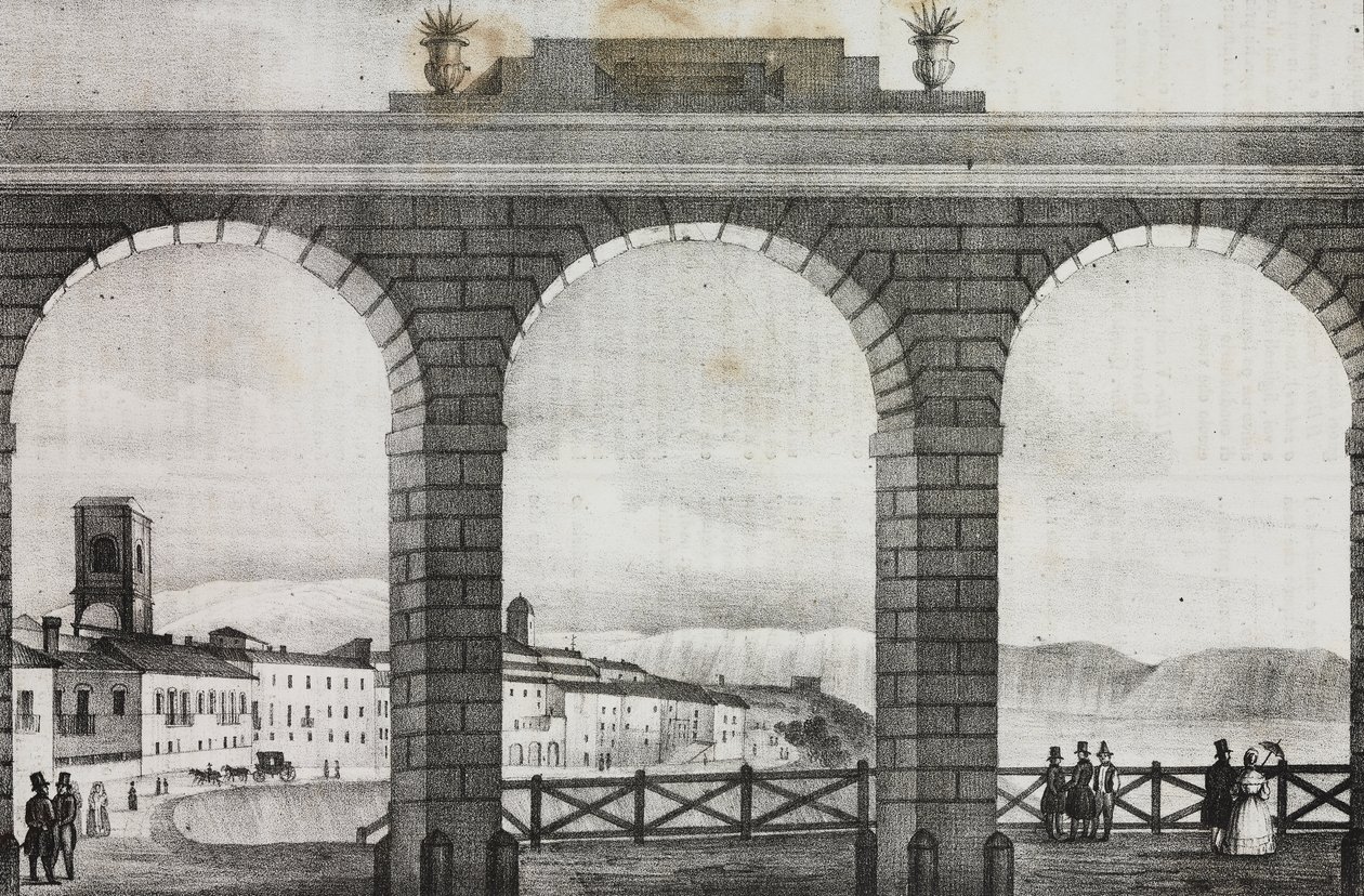 Näkymä Chietille Piazza Grandelta, Italiasta, Salvatore Puglian litografia Poliorama Pittorescosta, n:o 2, 21. elokuuta tekijältä Salvatore Puglia