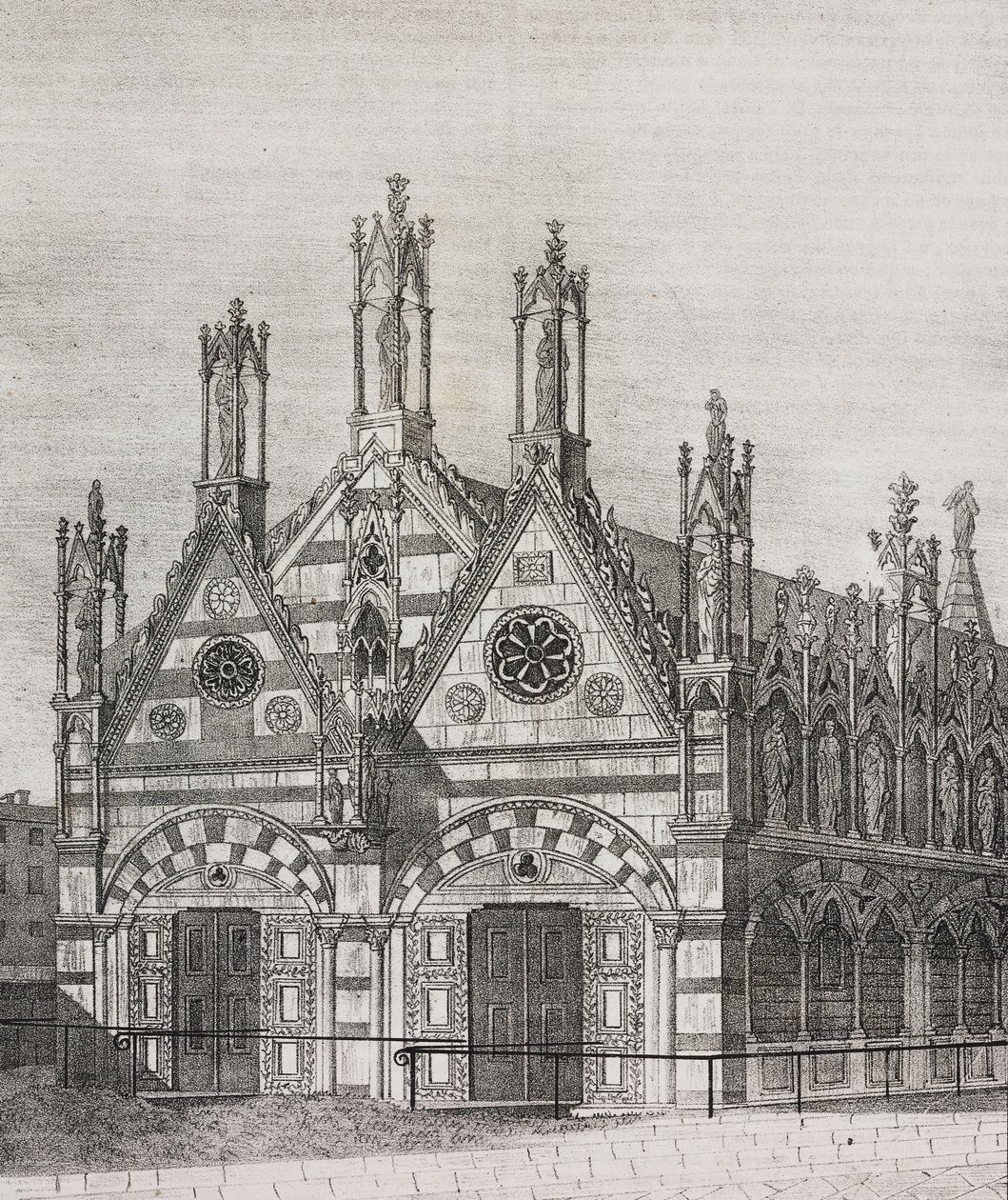 Näkymä Santa Maria della Spinan kirkolle Pisassa, Toscanassa, Italiassa, Salvatore Puglian litografia Poliorama Pittorescosta, n:o 34, 29. maaliskuuta tekijältä Salvatore Puglia