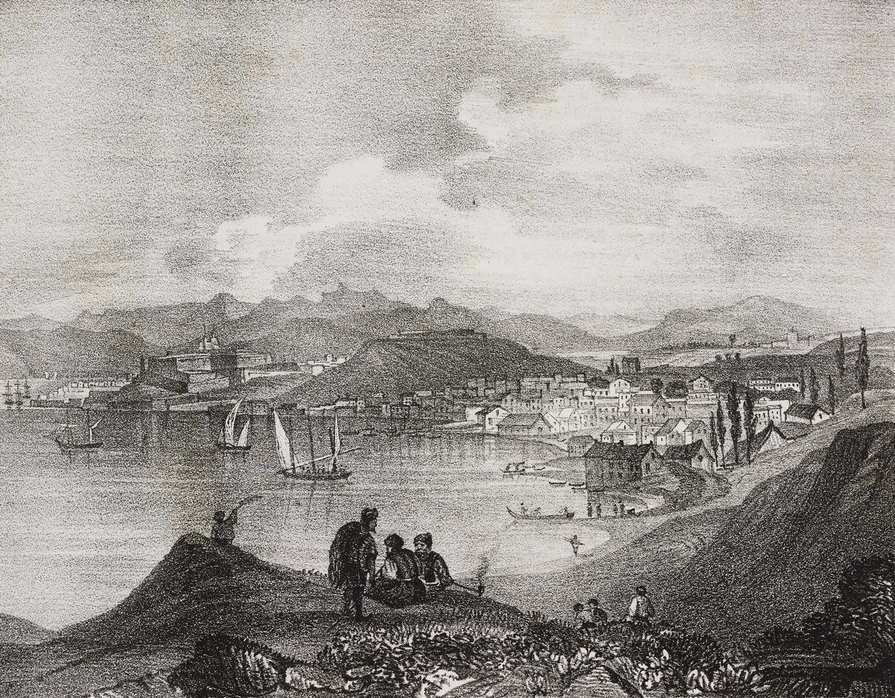 Näkymä Korfulle Mount Olivetolta, Jooniansaaret, Kreikka, Salvatore Puglian litografia Poliorama Pittorescosta, n:o 25, 25. tammikuuta tekijältä Salvatore Puglia