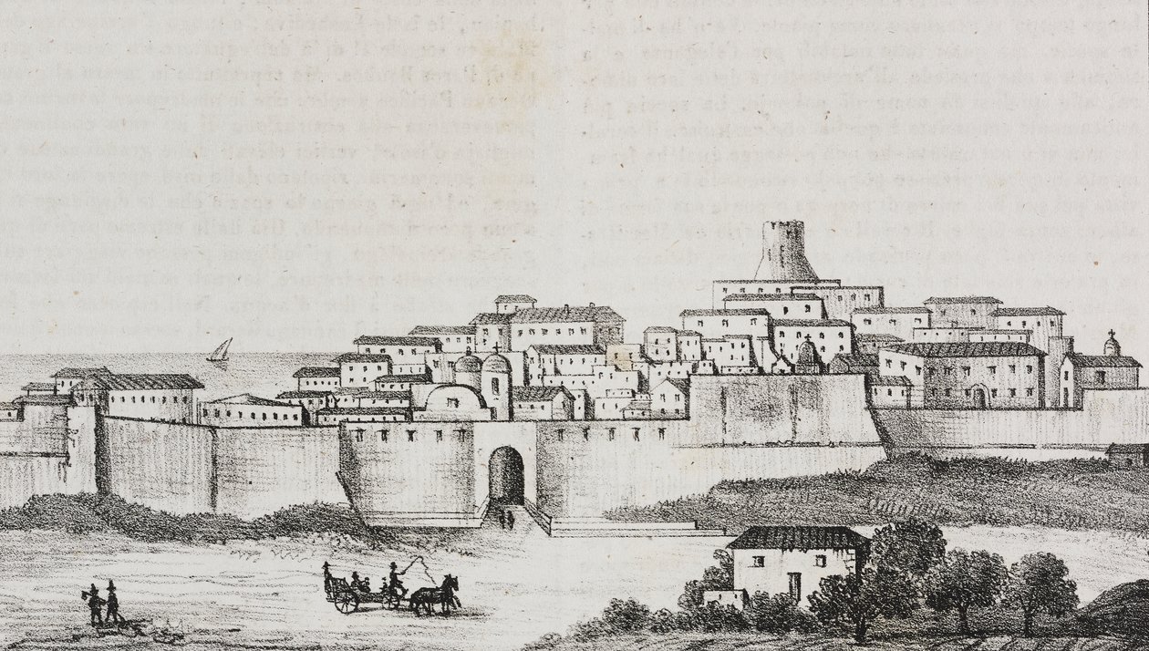 Näkymä Crotonesta, Calabria, Italia, Salvatore Puglian litografia Poliorama Pittorescosta, n:o 12, 26. lokakuuta tekijältä Salvatore Puglia