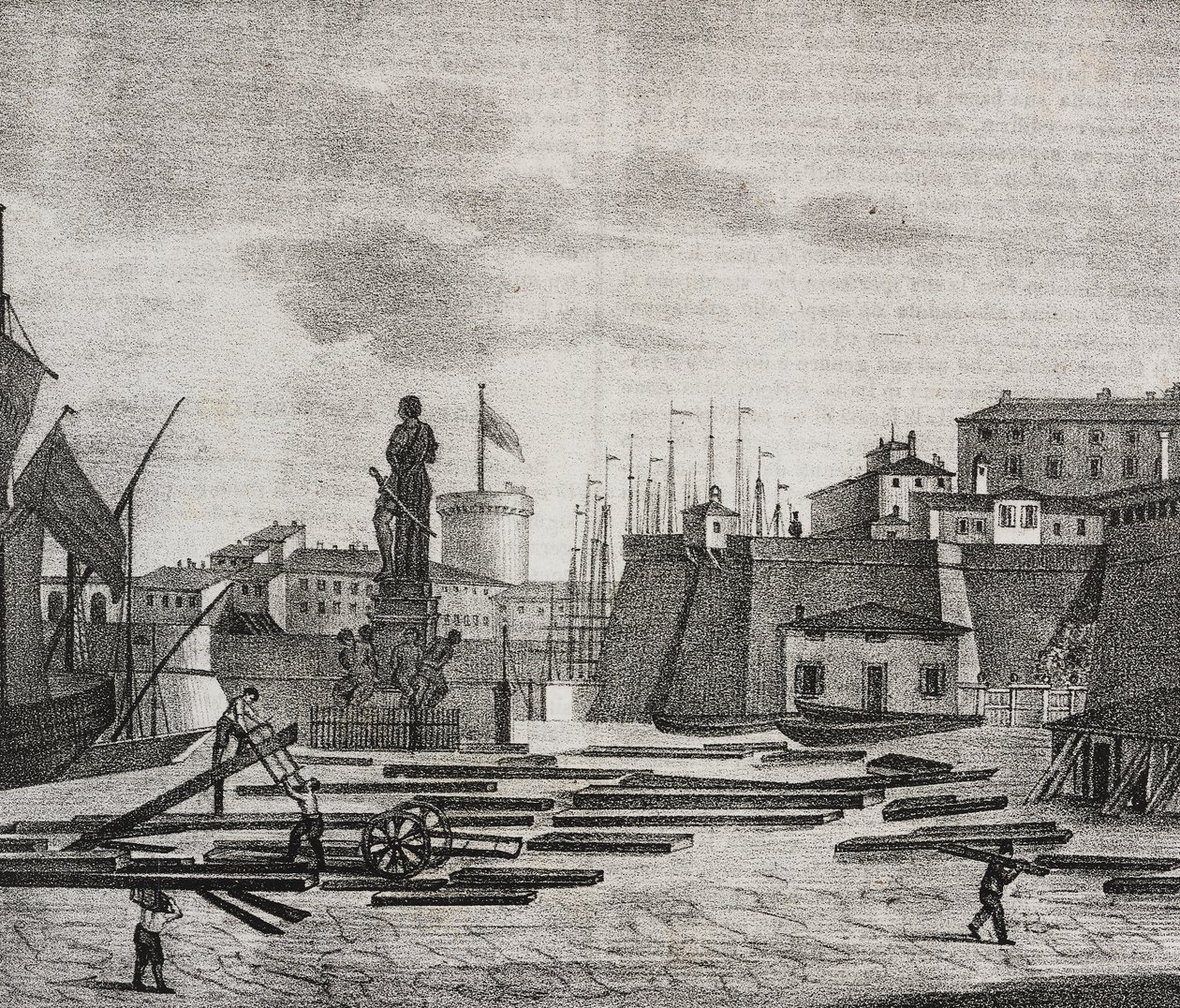 Vista da doca de Livorno, Toscana, Itália, litografia de Salvatore Puglia de Poliorama Pittoresco, n 38, 26 de abril finlandês tekijältä Salvatore Puglia