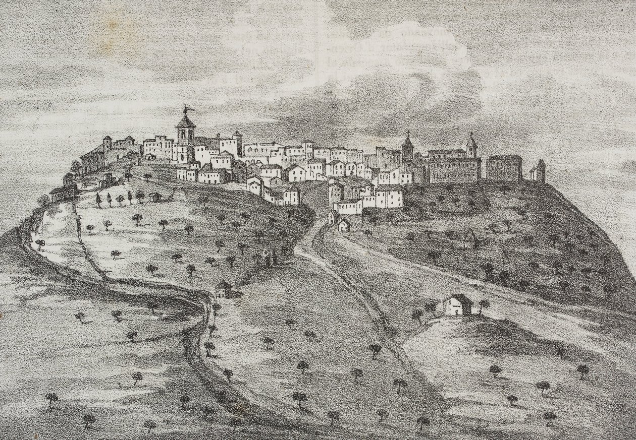 Näkymä Montefuscolosta, tänään Montefusco, Campania, Italia, Salvatore Puglian litografia Poliorama Pittorescosta, n:o 41, 20. toukokuuta tekijältä Salvatore Puglia
