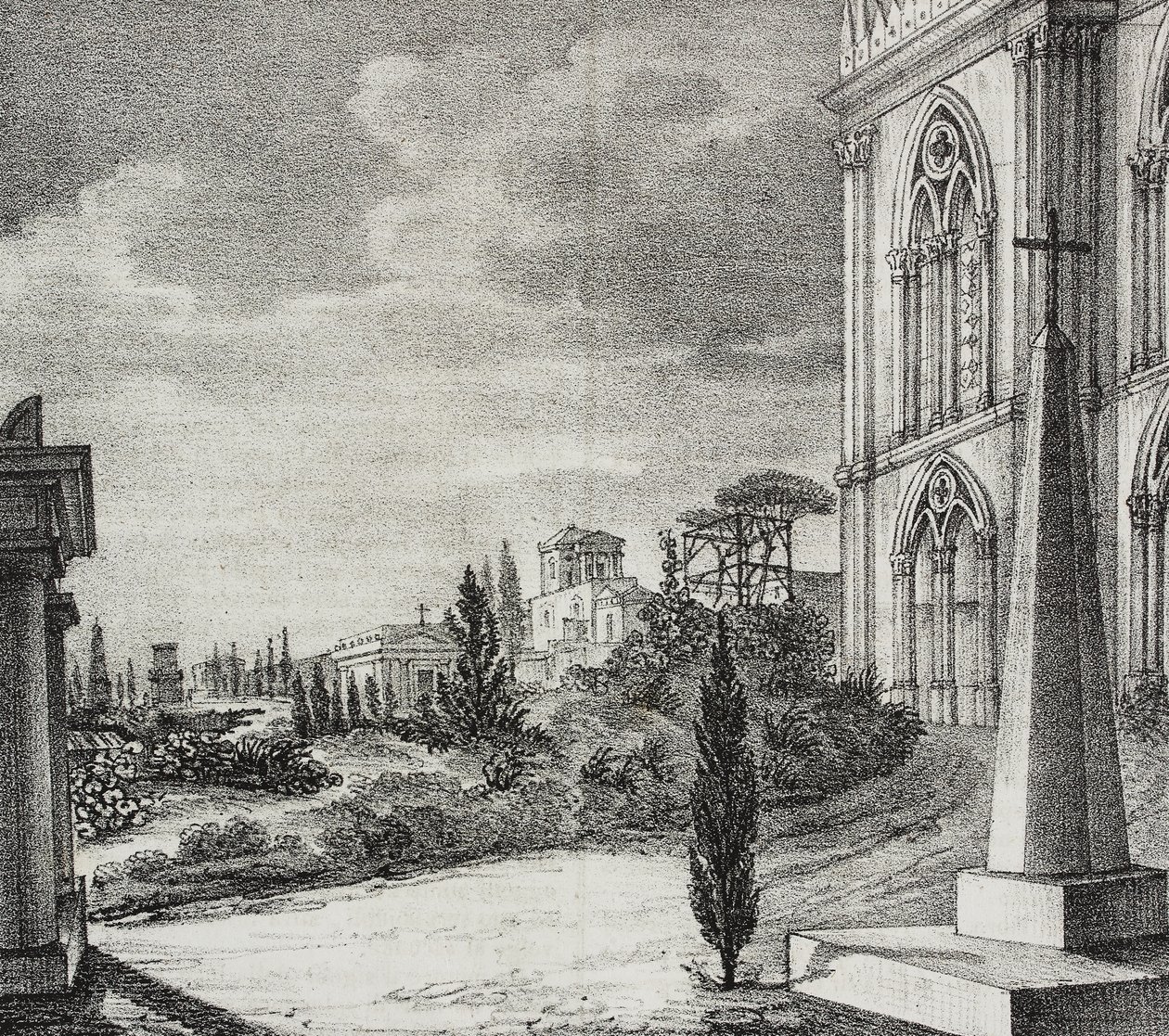 Näkymä goottilaisen luostarin hautausmaalle, Napoli, Campania, Italia, Salvatore Puglian litografia Poliorama Pittorescosta, n:o 34, 1. huhtikuuta tekijältä Salvatore Puglia