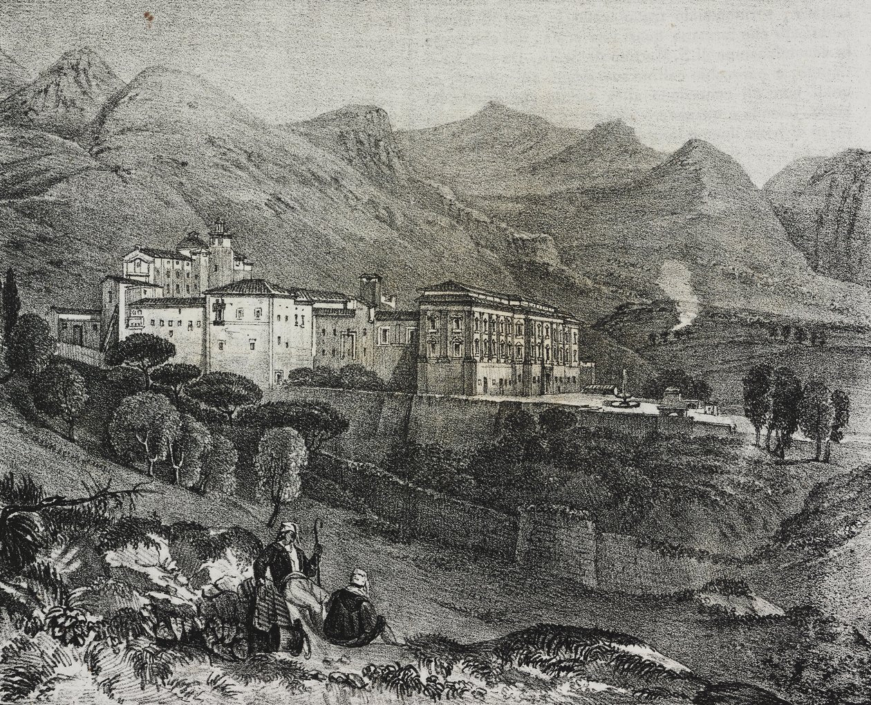Näkymä San Martino delle Scalen luostarista lähellä Palermoa, Sisilia, Italia, Salvatore Puglian litografia Poliorama Pittorescosta, n:o 47, 2. heinäkuuta tekijältä Salvatore Puglia