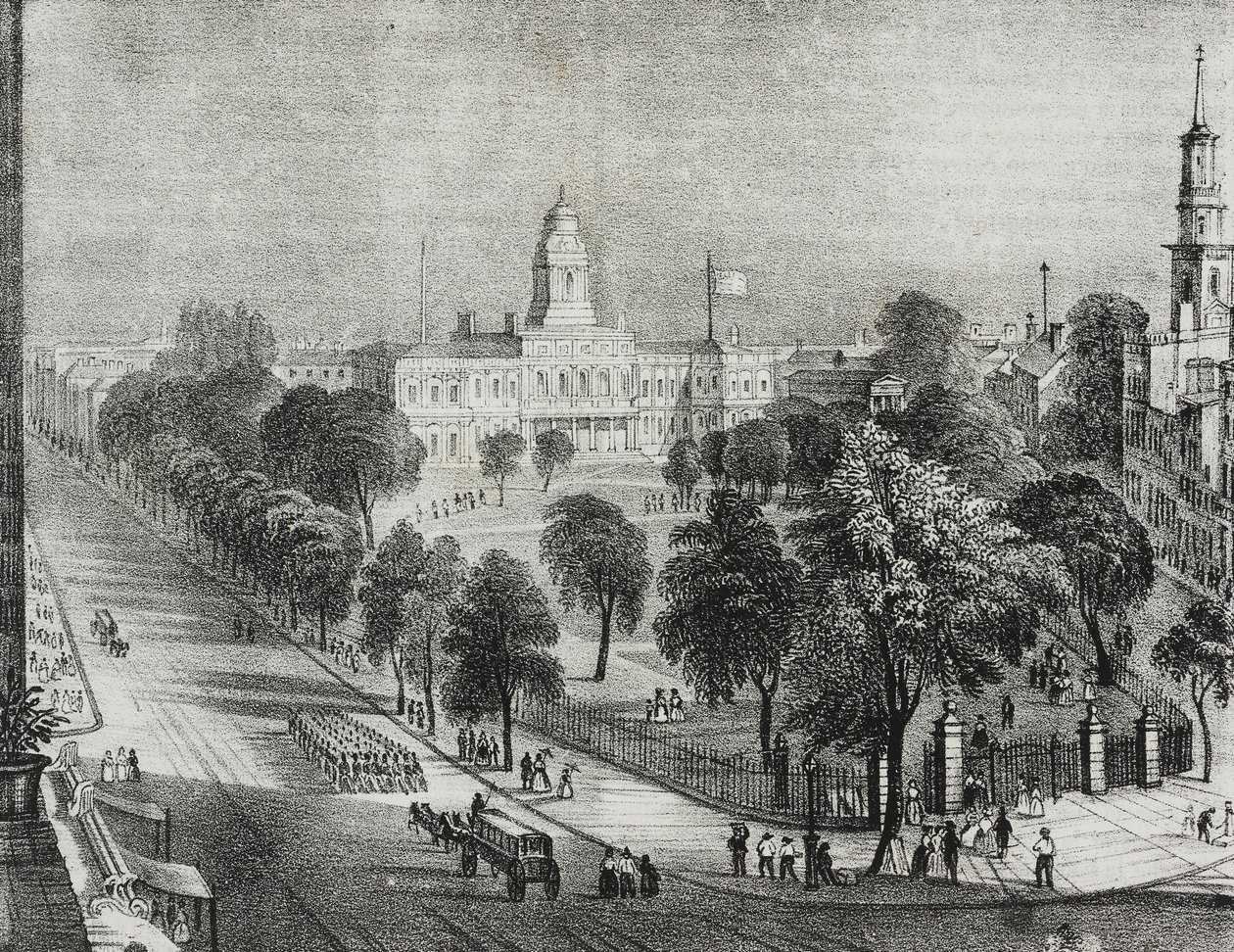 Vista do parque e da prefeitura de Nova York, Estados Unidos da América, litografia de Salvatore Puglia de Poliorama Pittoresco, n 24, 22 de janeiro finlandês tekijältä Salvatore Puglia