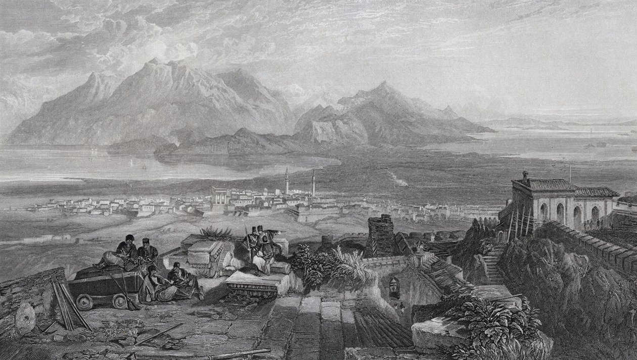 Korintin kaupunki ja kannas Akropolista nähtynä, W. Millerin kaiverrus, "The Imperial Bible Dictionary", jonka julkaisija Blackie und Son, noin 1880-luku tekijältä Samuel Bough
