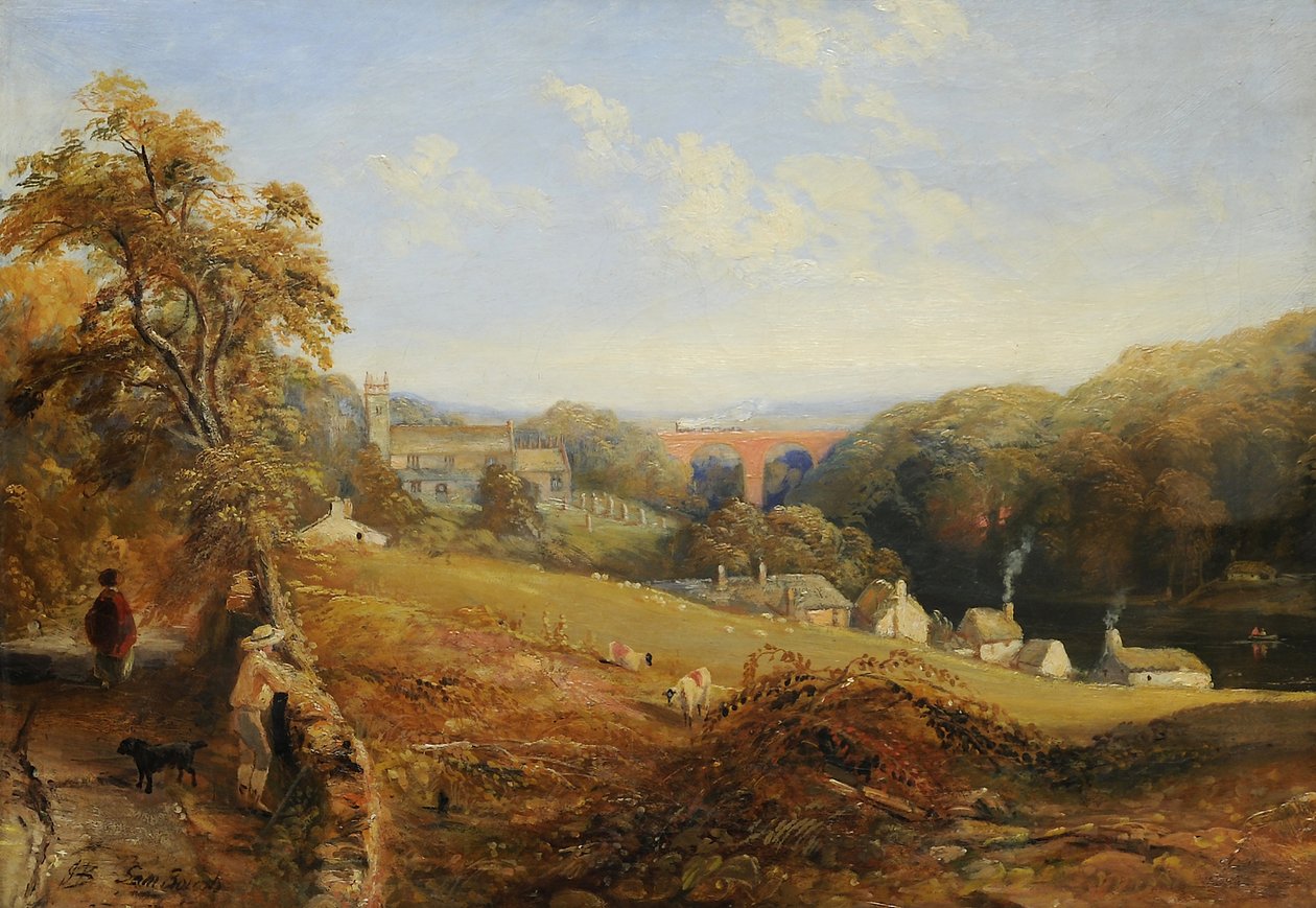 Wetheral - Näkymä Eden-joelle, jossa näkyy Wetheralin kirkko ja maasilta sekä Corby Ferry, n. 1845 tekijältä Samuel Bough