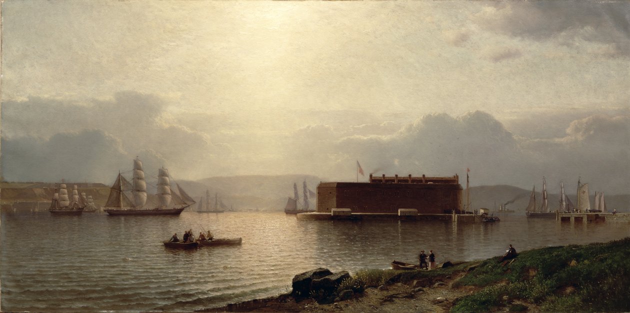 The Narrows ja Fort Lafayette, laivat saapuvat satamaan, New Yorkin satama, 1868 tekijältä Samuel Coleman