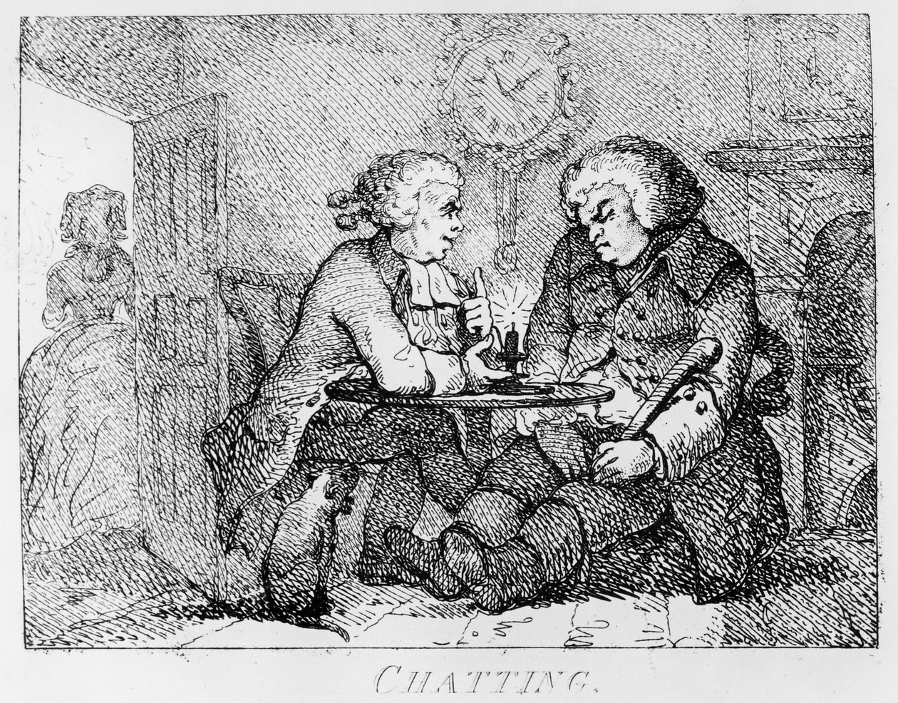 Keskustelua, kuvitus teoksesta "Picturesque Beauties of Boswell, Part the First", kaivertanut Thomas Rowlandson, 1786 tekijältä Samuel Collings