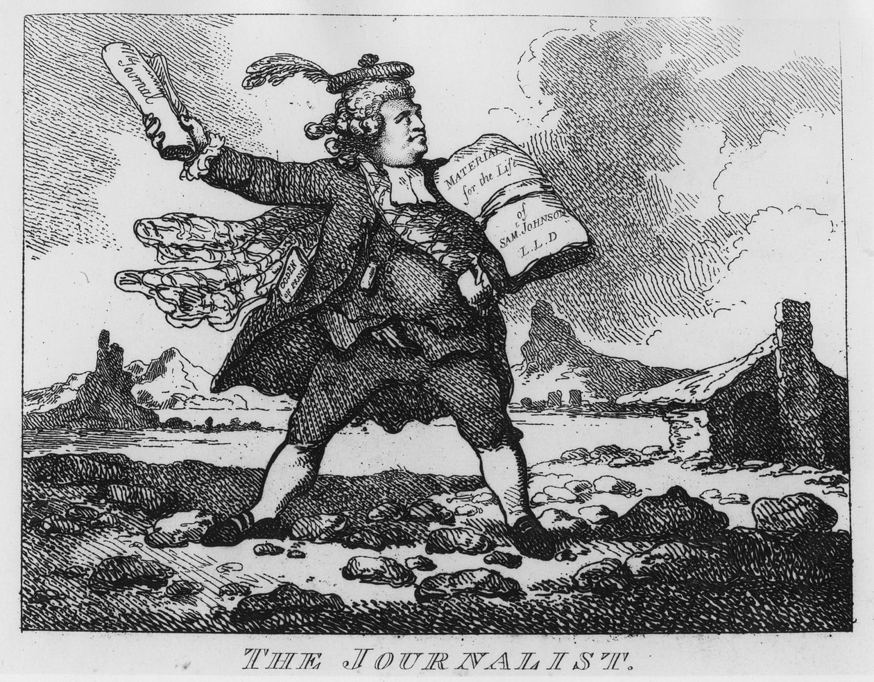 Journalisti, teoksesta The Picturesque Beauties of Boswell, Part the First, kaivertanut Thomas Rowlandson, 1786 tekijältä Samuel Collings