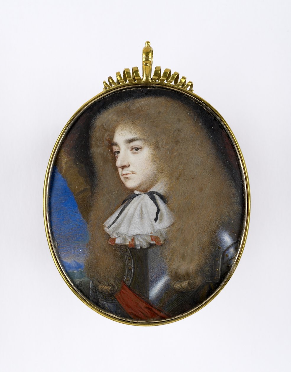 Muotokuva miniatyyri miehestä panssaripukeutuneena, n. 1660 (wc, vellum kortilla) tekijältä Samuel Cooper