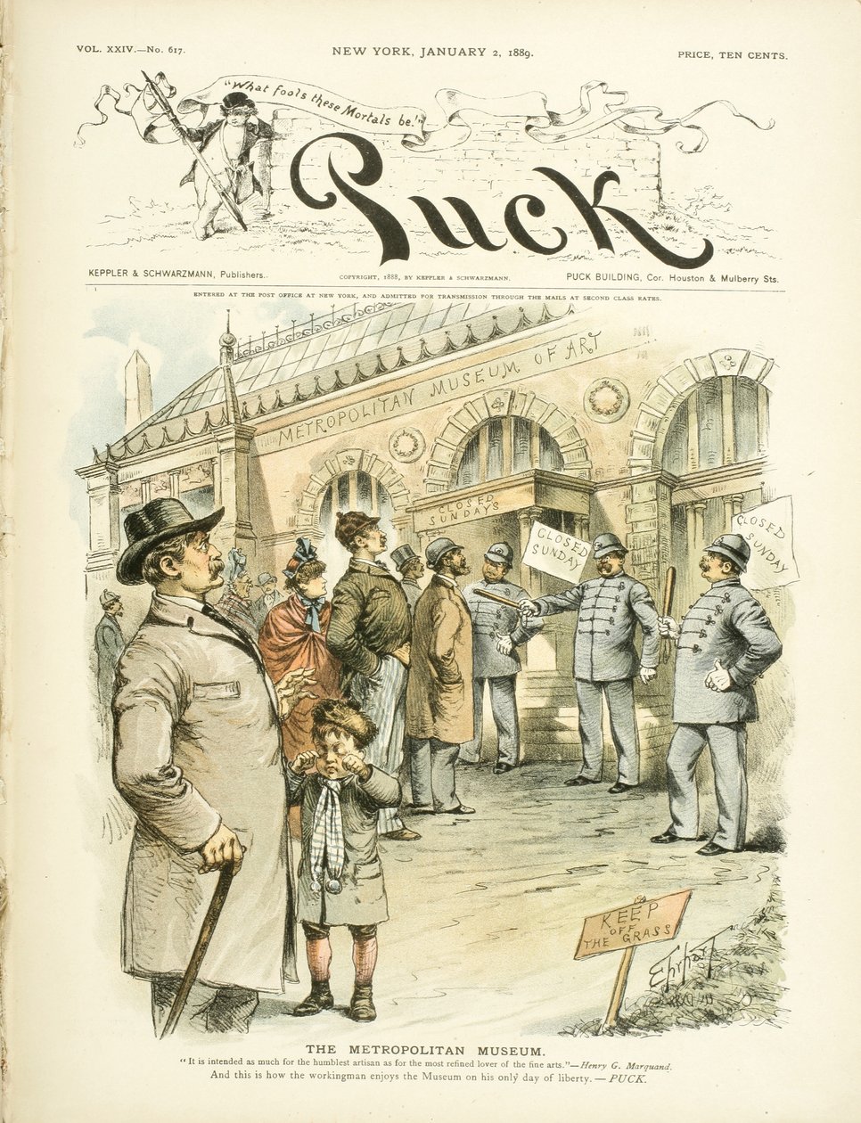 Metropolitan Museum of Art, ...ja näin työmies nauttii museosta..., 1889 tekijältä Samuel D. Ehrhart