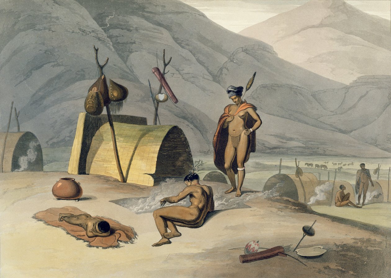 Bosjemans Frying Locusts, levy 26 "Afrikkalainen maisema ja eläimet", taiteilijan kaiverrus, 1805 (akvatinta) tekijältä Samuel Daniell