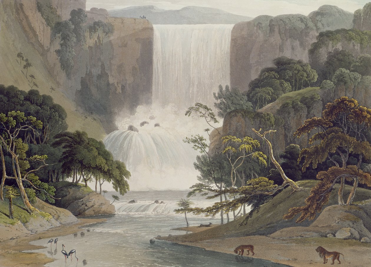 Kaskadi Sneuwbergilla, levy 25 julkaisusta "African Scenery and Animals", taiteilijan kaiverrus, 1805 (värillinen akvatinta) tekijältä Samuel Daniell