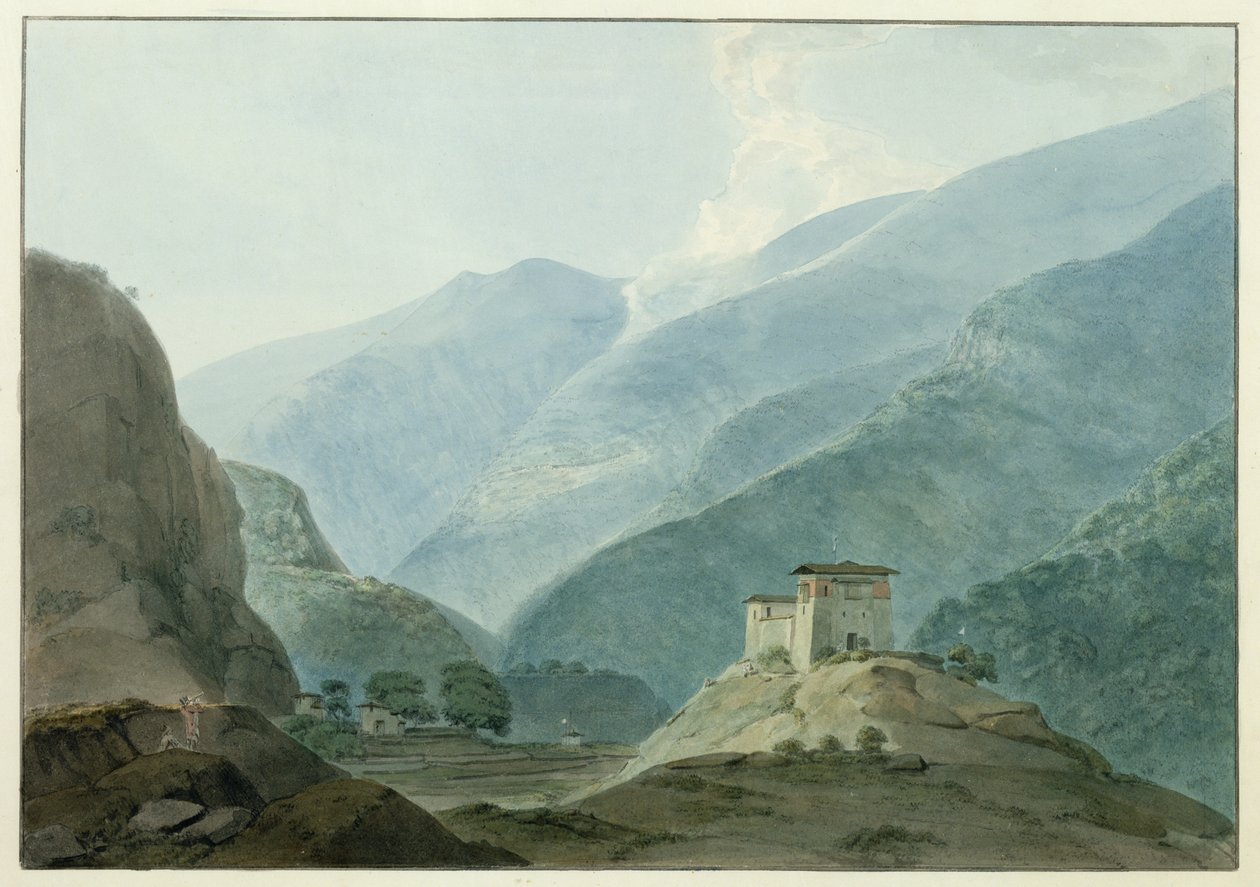 Chukha Casle Bhutanissa, 1783 (wc grafiitilla paperille) tekijältä Samuel Davis