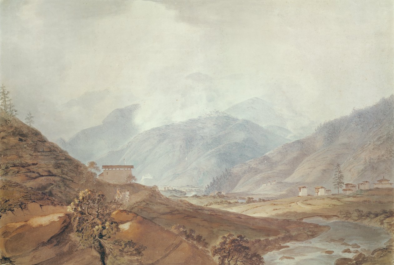 Vuoristomaisema lähellä Thimphua, Bhutan, 1783, tekijältä Samuel Davis