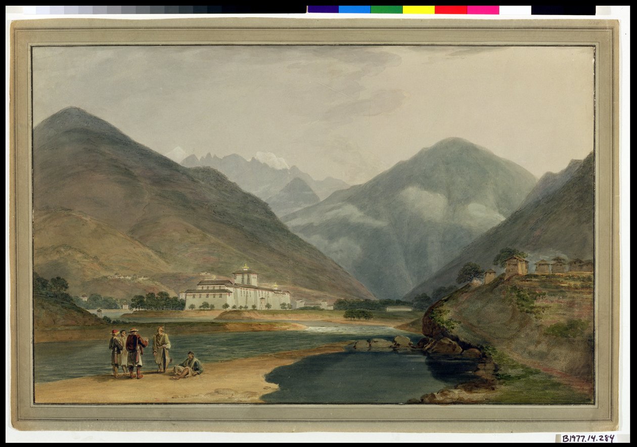 Bhutanin entinen talvipääkaupunki Punakha Dzongissa, 1783 tekijältä Samuel Davis