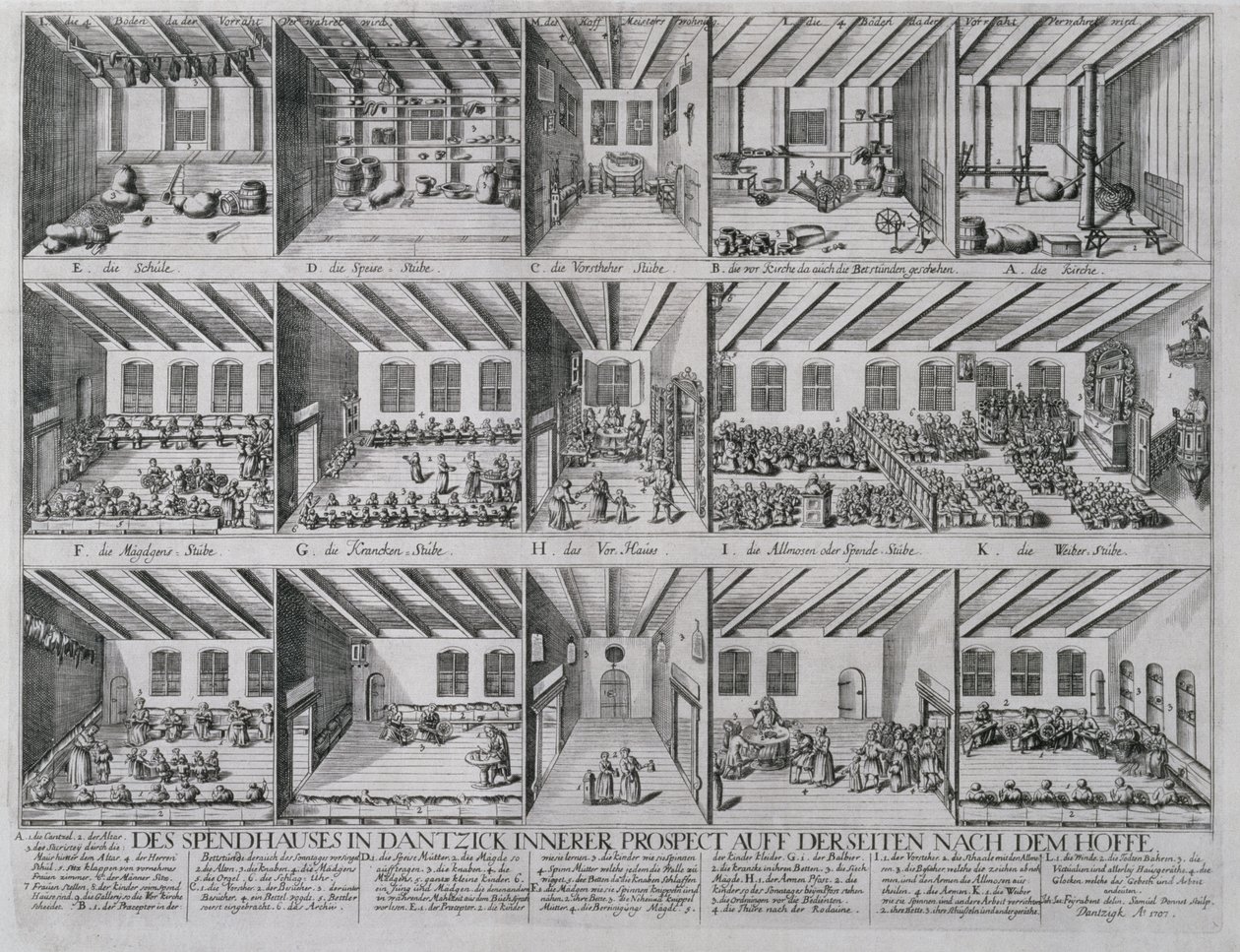 Lasten ja vanhusten turvakoti, 1707 (kuparikaiverrus imupaperille) tekijältä Samuel Donnet