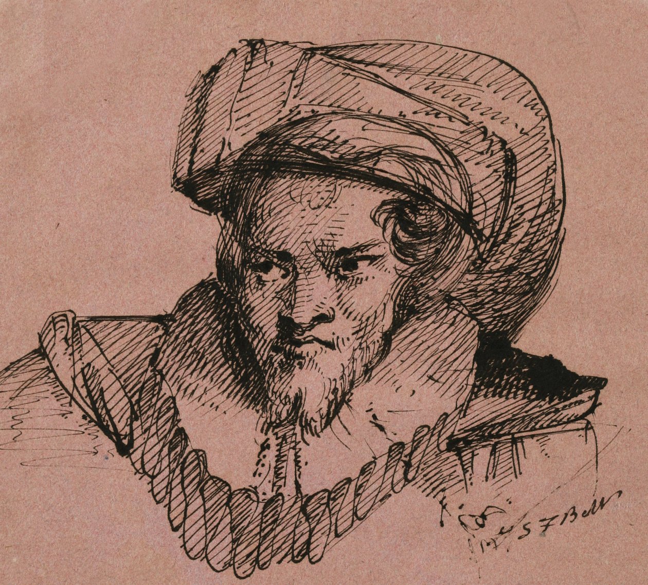 Miehen pää, jolla on hattu, 1840 (kynä ja musta muste vaaleanpunaisella kudospaperilla) tekijältä Samuel Finley Breese Morse