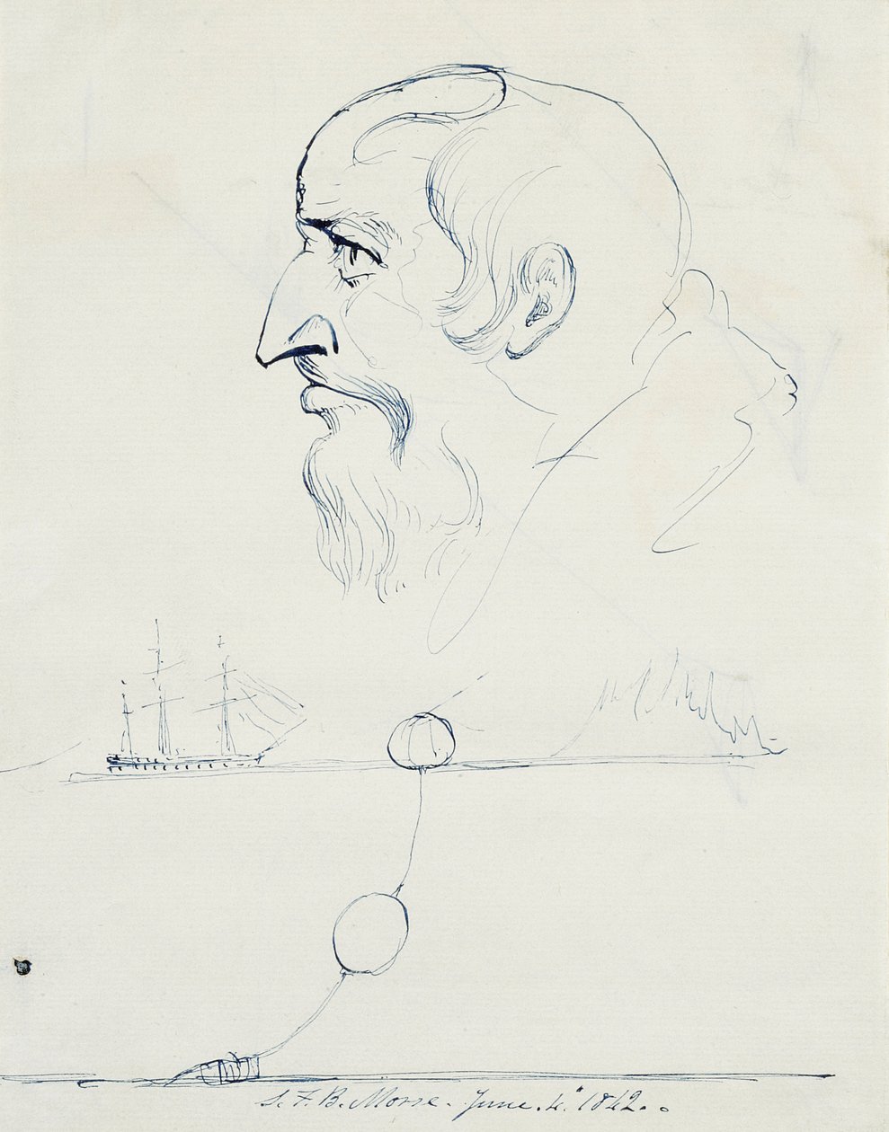 Parrakkaan miehen profiili ja malli Atlantin kaapelille, 1842 (kynä ja sininen muste kermanvärisellä paperilla) tekijältä Samuel Finley Breese Morse